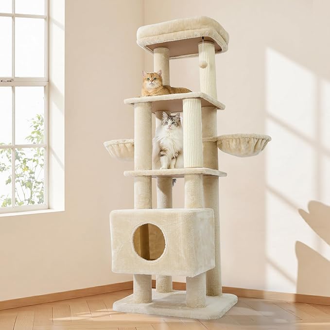 Gardner Pet 65in Heavy Duty Cat Tree Tower for Large Cats, Multi-Level Cat Furniture with Replaceable Sisal Scratching Post, Hammock | Extra-Large Platform & Condo (Upgraded Beige)-Mewly Pet