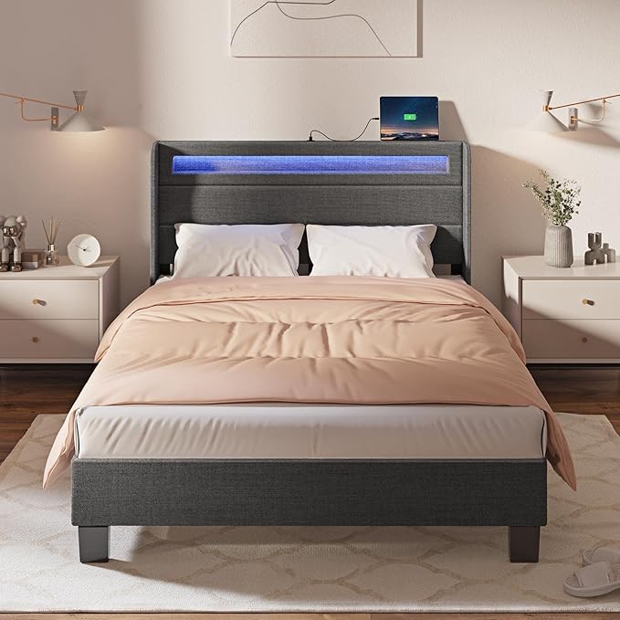Rolanstar Bed Frame Queen Size with LED Lights and Charging Station, Upholstered Bed with Motion Activated Night Light and Wood Slats, Dark Grey