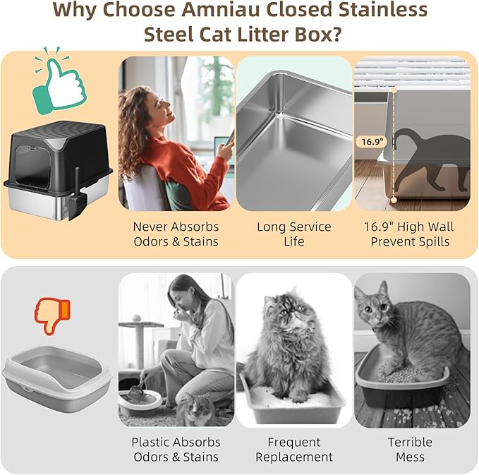 Stainless Steel Cat Litter Box with Lid, Extra Large, Great for Large & Small Cats, Easy to Clean, Anti-Leakage, Non-Sticky, Multifunctional 2 in-1 Metal Cat Litter Box - Black-Mewly Pet