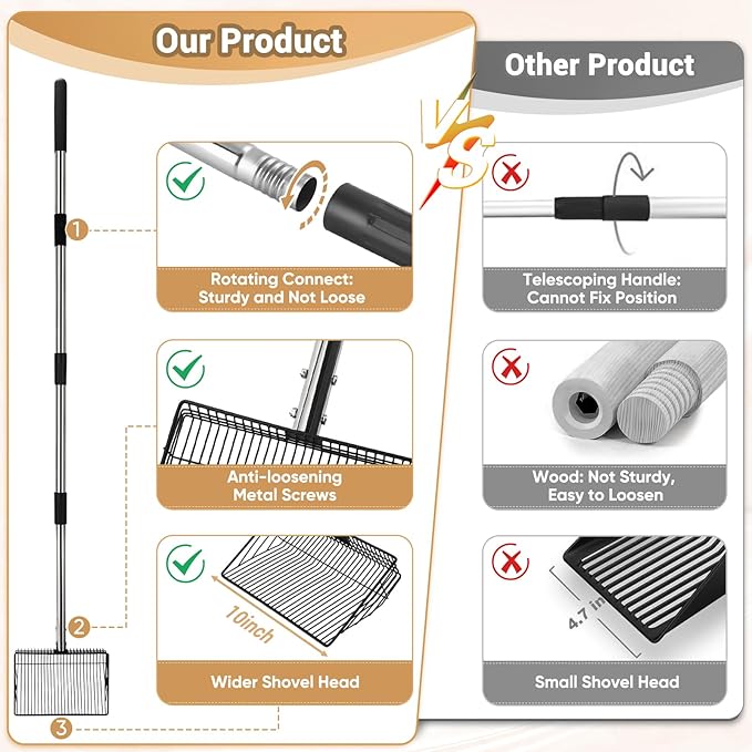 10inch Large Metal Chicken Poop Scooper, 24 to 68" Long Chicken Coop Litter Scoop with Stainless Steel Handle, 4 in 1 Multifunctional Heavy Duty Litter Sifting Shovel Chicken Coop Accessories-Mewly Pet