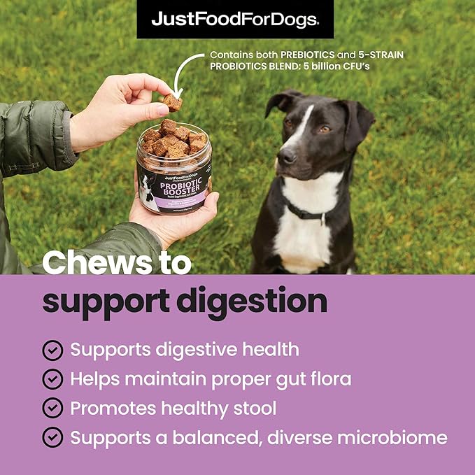 JustFoodForDogs Probiotic Booster Gut Health Soft Chews Supplement for Dogs, Digestive Health Support, Diarrhea, Human Grade Ingredients - 45 Count-Mewly Pet