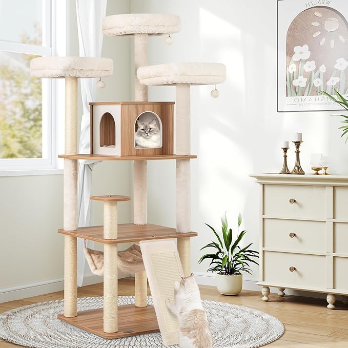 PETSITE 68 Inch Modern Tall Cat Tree for Indoor Cats, Multi-Level Wooden Cat Tree Tower with Sisal Scratching Posts, 3 Top Perches, Cat Condo, Comfy Hammock, Sisal Ramp, and Jingling Balls-Mewly Pet