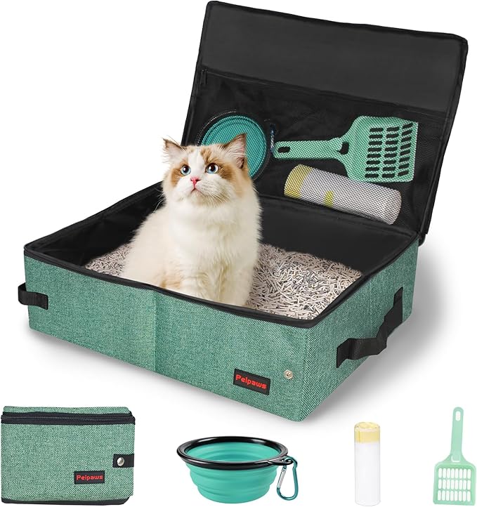 Portable Cat Travel Litter Box. Zipped Lid, Collapsible Litter Box for Cats. No Leakage, No Smell. Easy to Carry. Used for Hotels, Camping, Car (Green, L)-Mewly Pet