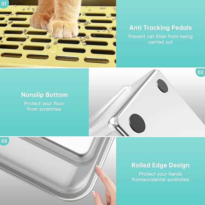 Stainless Steel Litter Box with High Side, XXL Extra Large Cat Litter Box for Big Cats & Multiple Cats, Non-Sticky, No Urine Leakage, Easy Clean Cat Litter Pan Include Scoop-Mewly Pet