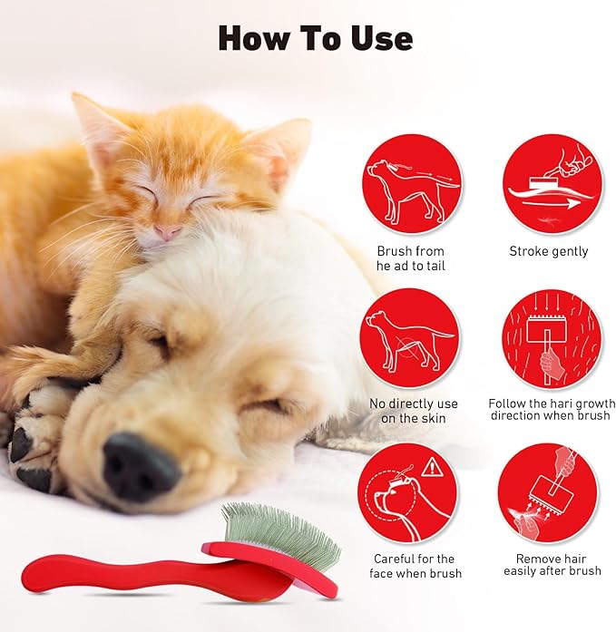 Dog Slicker Brush for Shedding and Grooming Medium or Long Haired Cats, Extra Long & Soft Pin Slicker Brush for Removes Loose Hair, Tangles, Knots, Undercoat, Free Pet Comb, Large Red-Mewly Pet