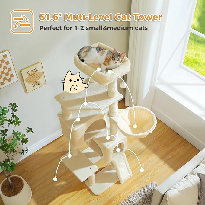 PAWZ Road Cat Tree, 51.6 Inches Cat Tower with Dual Condos, Spacious Perch, Cozy Basket and Sisal-Covered Scratching Posts for Indoor Cats- Beige-Mewly Pet