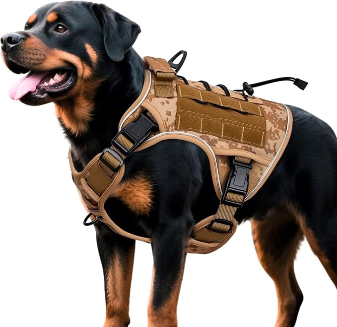 Heavy-Duty Tactical Dog Harness for Large Dogs, No Pull Adjustable Reflective Pet Vest with Molle System, K9 Military-Grade Control for Service Training, Outdoor & 10+ Breeds, Khaki Camo, X-Large-Mewly Pet