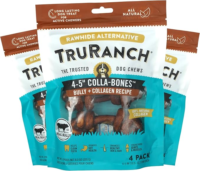 4-5" Collagen Bones, Bully - Collagen Dog Bones - Long Lasting Healthy Joint Support - Rawhide Alternative - Skin & Coat Health, Value Pack, 3 Bags, 12 Count-Mewly Pet