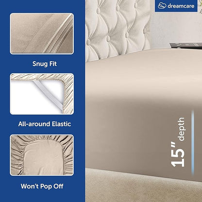 DREAMCARE Queen Sheet Set – 6 pcs Cooling Bed Sheets – up to 15” Deep Sheets Queen Size Bed Set – 2500 Supreme Collection – Extra Soft 100% Brushed Microfiber Hotel Luxury with Side Pocket – Beige