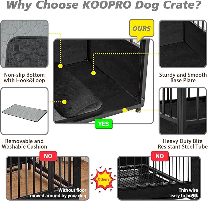 KOOPRO 40 Inch Dog Crate Furniture with Cushion for Small Medium Dogs, Wooden Heavy Duty Dog Kennel with Double Doors, Decorative Pet House Dog Cage Side End Table Indoor, Sliding Door Chew-Resistant-Mewly Pet