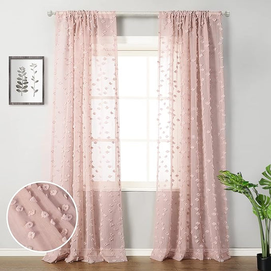 MYSKY HOME Pom Pom Pink Sheer Curtains for Bedroom Girls Room Dusty Rose Curtains 108 Inches Long for Nursery Kids Light Filtering Boho Window Drapes, Rod Pocket, 52" Wide, 2 Panels