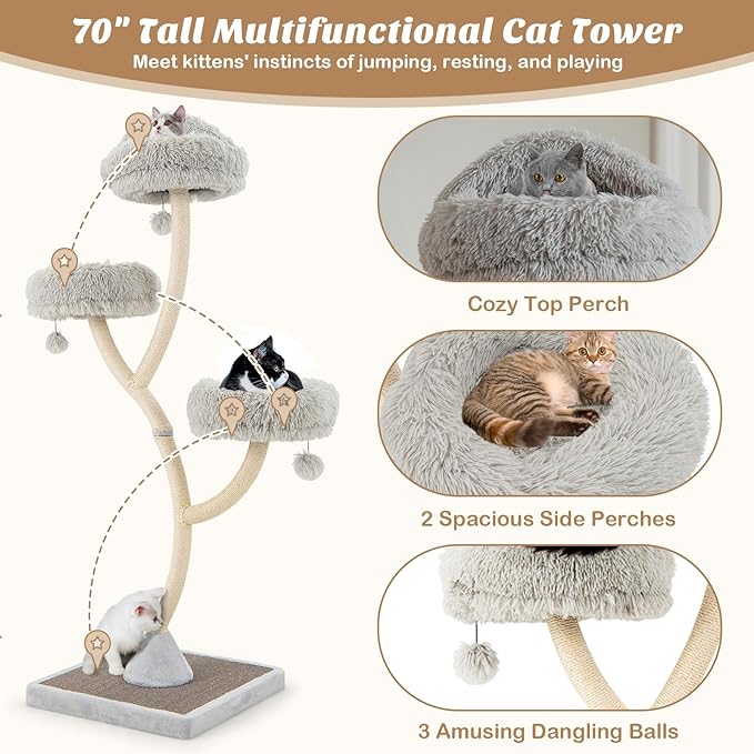 PETSITE 70" Tall Cat Tree, Cat Tower with Scratching Posts and Board, Multi-Level Cat Tower for Large Cats 20 lbs+ with 3 Cozy Perches and Dangling Balls, Modern Cat Tree for Indoor Cats Large Adult-Mewly Pet