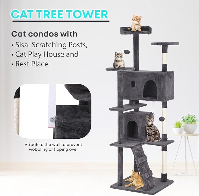 FDW Cat Tree 70in Cat Tower Multi-Level Durable Cat Scratching Post & Cozy Fun Cat Jumping Platform Space Saving Cat Condo Pet Play House for Indoor Cats,Light Gray-Mewly Pet