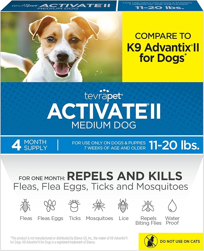 TevraPet Activate II Flea and Tick Prevention for Dogs | 4 Count | Medium Dogs 11-20 lbs | Topical Drops | 4 Months Flea Treatment-Mewly Pet