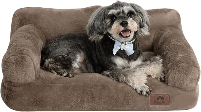 Hollypet Fluffy Plush Pet Sofa Soft Calming Pet Sofa Beds for Medium Small Cats and Dogs, Dark Brown-Mewly Pet