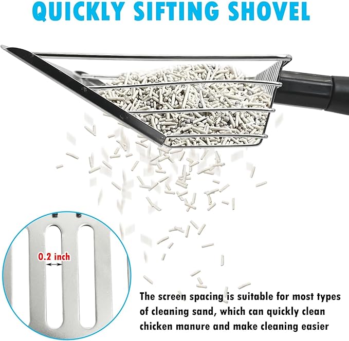 PINVNBY Stainless Steel Chicken Poop Scooper 3 in 1 Adjustable Long Handle Poop Scooper for Chicken(21.8" to 38.6") Multifunctional Chicken Coop Cleaning Tools Sifting Shovel Chicken Coop Accessories-Mewly Pet