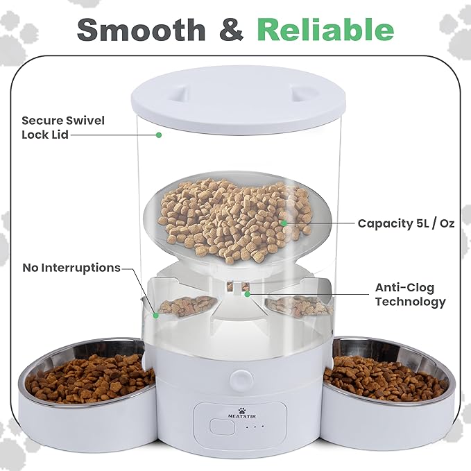 Automatic Cat Feeder for 2 Cats – Dual Food Dispenser with App Control, 5L Capacity (20 Cups), Smart Cat Food Dispenser for Multi Cats, Dual Pet Feeder with Stainless Steel Bowls and WiFi-Mewly Pet