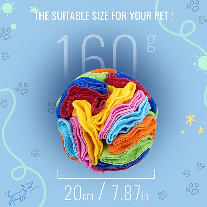 Pet Snuffle Ball, Puzzle Sniffing Interactive Dog Ball for Blind Dogs Training Stress Relief Dog Enrichment Toys Treat Machine Washable (20cm, Rainbow Color Upgrade)-Mewly Pet