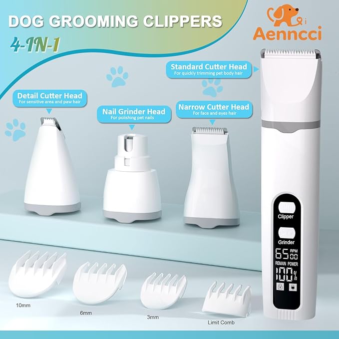 4 in 1 Dog Clippers Grooming Kit with LED Screen, Cordless Quiet Paw Trimmer & Nail Grinder, Rechargeable Waterproof Feet Ear Body Hair Shaver for Cats Dogs Pet Supplies-Mewly Pet