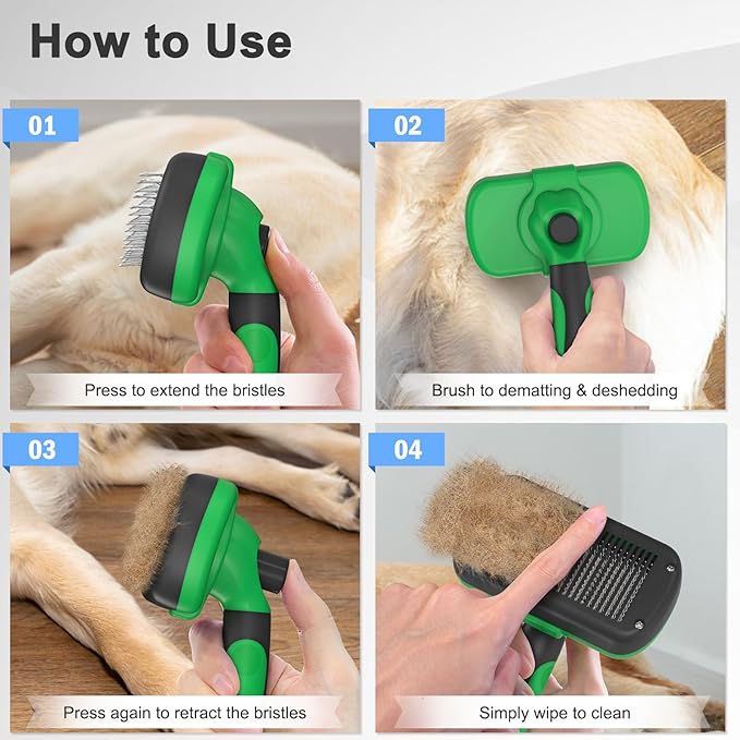 Self Cleaning Deshedding Brush for Dogs & Cats - Skin Friendly Grooming Tool with Hair Removal for Haired Pets, Green-Mewly Pet