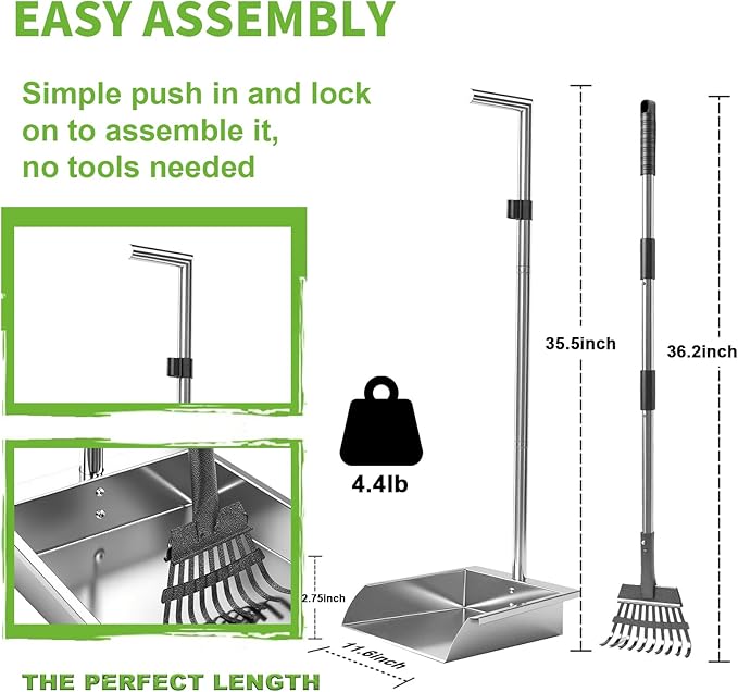 Heavy Duty Metal Pooper Scooper, Dog Pooper Scooper for Large Medium Dogs Long Handle Stainless Tray and Rake Set，Extremely Durable Metal Stainless Steel Dustpan for Indoor Outdoor Cleaning 。-Mewly Pet