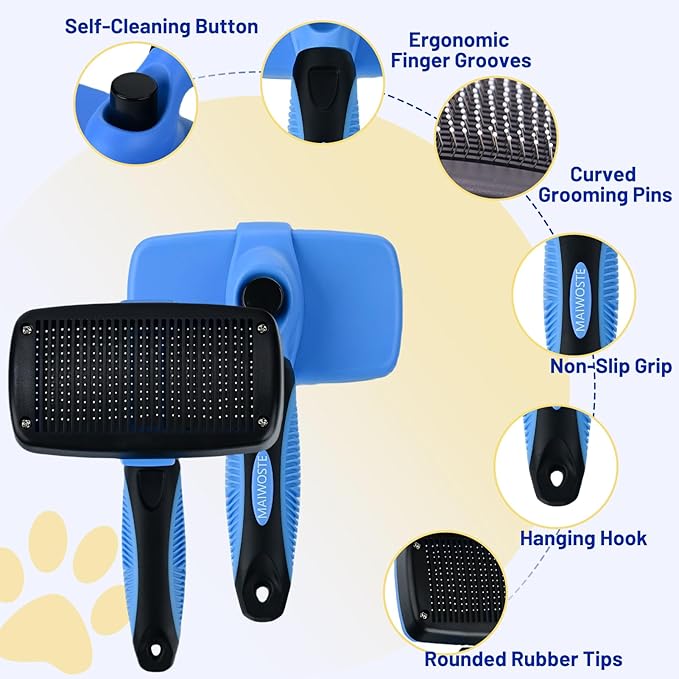 Large Self Cleaning Deshedding Brush for Dogs & Cats - One Button Hair Release Grooming Tool, Gentle Massage Brush for Long and Short Hair (Blue)-Mewly Pet