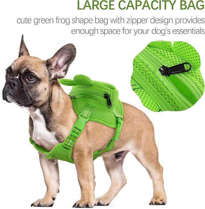 IDOMIK Dog Backpack Harness, No-Pull Dog Backpack with D-Ring for Small Medium Dogs, Cute Self Carrier Backpack for Dogs to Wear, Adjustable Dog Harness Backpack for Traveling Camping Hiking, Frog, L-Mewly Pet