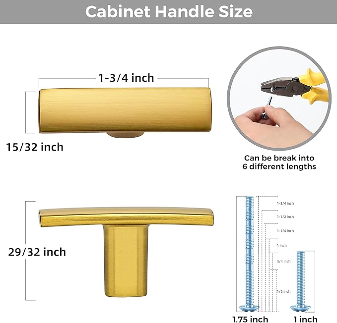20 Pack Gold Cabinet Knobs - Curved Cabinet Pulls Brushed Brass Knobs for Kitchen Drawer Solid Dresser Hardware 1-3/4in Length Single Hole