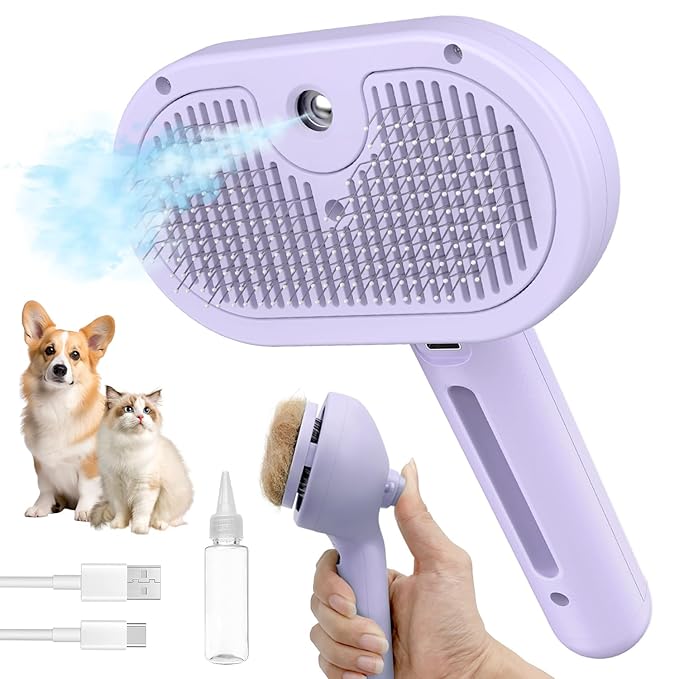 3 in 1 Steam Cat Brush for Shedding - Self-Cleaning Dog Grooming Tool for Long and Short Hair Pets - Removes Static, Flying Hair, and Loose Fur (Purple)-Mewly Pet