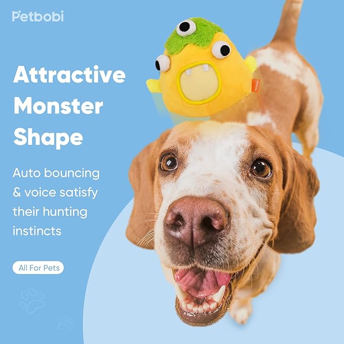 Petbobi Interactive Dog Toys for Boredom - Moving Dog Toy for Stimulating Play, Pet Plush Squeaky Ball for Small Medium Breeds with 4 Batteries, Sunny Boy Bobby-Mewly Pet
