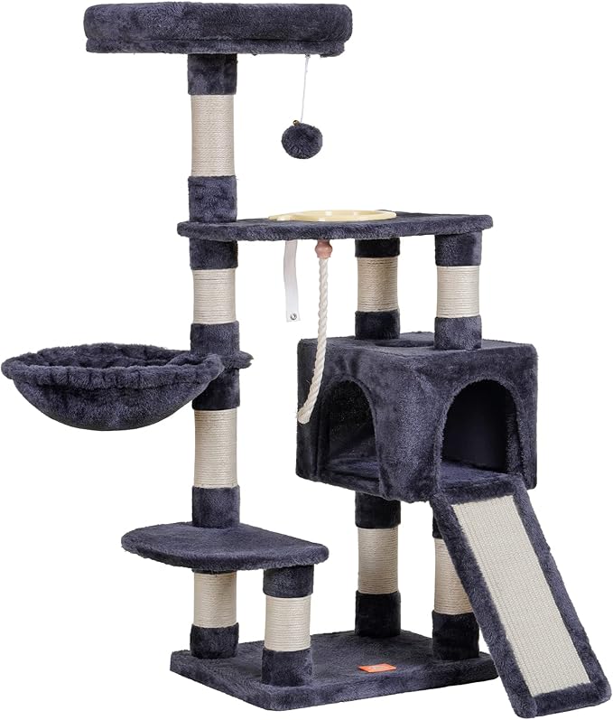 Heybly Cat Tree, Cat Tower for Indoor Cats with Scratching Board, Multi-Level Cat Furniture Condo with Feeding Bowl Smoky Gray HCT010SG-Mewly Pet