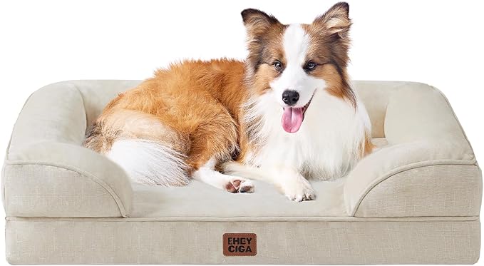 EHEYCIGA Orthopedic Dog Beds for Large Dogs, Waterproof Memory Foam Large Dog Bed with Sides, Non-Slip Bottom and Egg-Crate Foam Pet Couch Bed with Washable Removable Cover, Beige-Mewly Pet