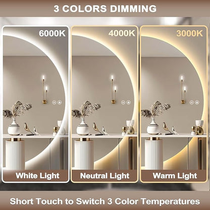 YUDACHU 36"x18" Smart LED Mirror for Bathroom, Half Moon Mirror, Anti-Fog & Stepless Dimming, 3-Color Backlit Vanity Mirror with Lights, Wall Mounted for Small Space