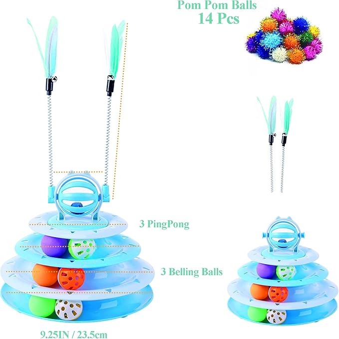 Vealind Cat Toy Roller 4-Level Turntable Cat Toys Balls with Colorful Pom Pom Balls Interactive Fun Mental Physical Exercise Puzzle Kitten Toys (Blue)-Mewly Pet
