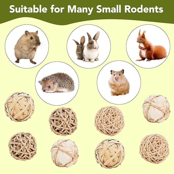 8 Pack Small Pet Chew Toys - 7cm Natural Woven Balls for Rabbits, Guinea Pigs, Hamsters (2 Seagrass, 2 Rattan, 2 Corn Husk, 2 Seaweed Rope) - Safe Dental Grinding Toys-Mewly Pet