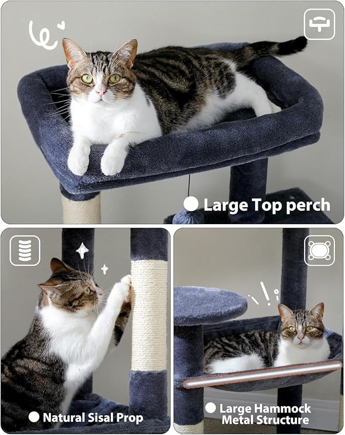 Cat Tree for Large Cats with Metal Plush Big Hammock, 56.3" Cat Tower for Indoor Cats with 2 Door Condo House, 6-Tier Cat Shelves with Scratching Posts and Large Top Perch, Dark Gray-Mewly Pet