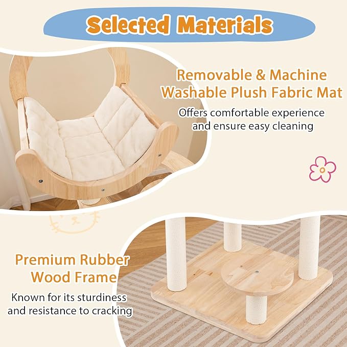 Tangkula Solid Wood Cat Tree, 4-in-1 Building Block Large Cat Tower with Space Capsule Nest, Scratching Posts, Padded Platform, Hanging Toy, Cat Tree Tower with 4 Transformations for Indoor Cats-Mewly Pet