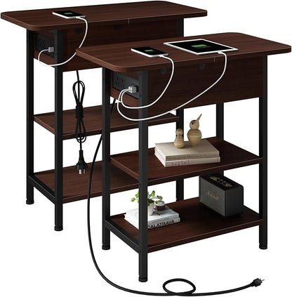LIDYUK End Table with Charging Station, Flip Top Narrow Side Table for Small Spaces, Nightstands Set of 2 for Bedroom, End Tables Living Room Set of 2 with Storage Shelf, Cherry