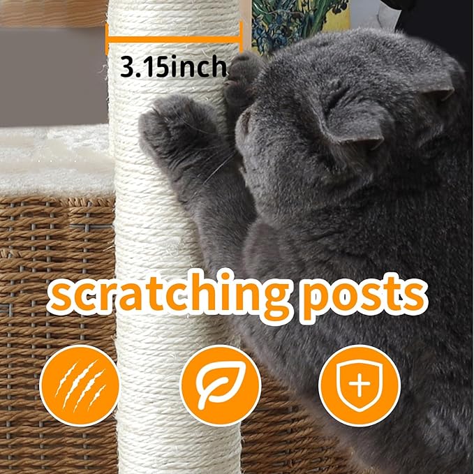 Cat Tree Tower for Indoor Cats, House Condo for Large Cats, Modern Tall Manual Hand Woven With Sisal, Scratching Post, Cute Furniture Activity Centre, Cat Lover Gift-Mewly Pet