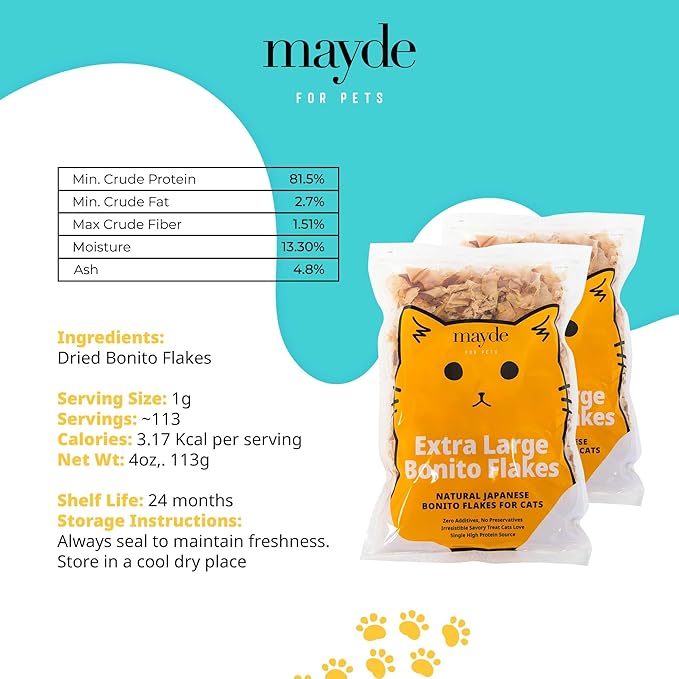 Mayde Bonito Flakes for Cats & Dogs, All-Natural High-Protein Treats, Extra Large 4oz Bag-Mewly Pet