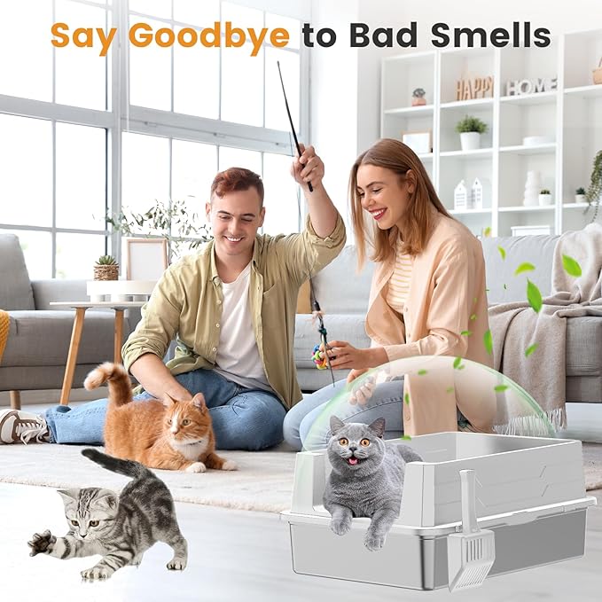 XXXL Stainless Steel Litter Box,Extra Large 28" L x 20" W Metal Litter Box for Big Cats & Multiple Cats with High Sided, Anti-Urine Leakage, Non-Sticky, Easy Cleaning, Include Scoop(White-Mewly Pet