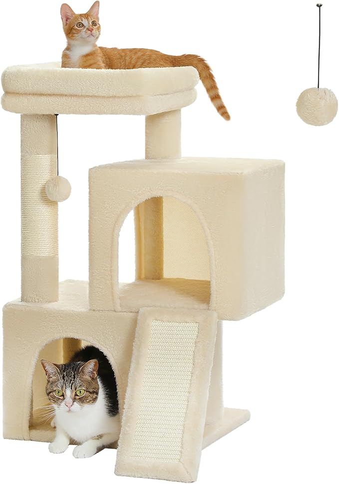 PAWZ Road Cat Tree, 30 Inches Cat Tower with Dual Condos for Indoor Cats, Plush Cat House with Padded Perch, Scratching Ramp and Posts and Replaceable Balls-Beige-Mewly Pet