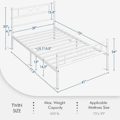 Yaheetech Metal Twin Size Bed Frame, Platform Bed Frame, Mattress Foundation with Curved Design Headboard & Footboard, NO Box Spring Needed, Heavy-Duty Support, Easy Assembly, Twin, White
