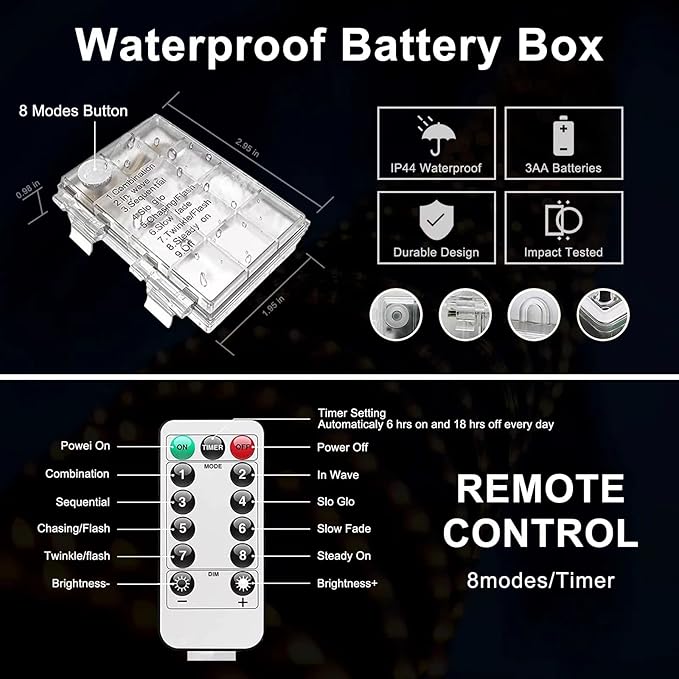 JMEXSUSS 2 Pack Battery Operated Rope Lights Outdoor Waterproof, Total 200LED 66ft 8 Mode/Remote Battery Christmas String Lights, Blue Pool Light for Trampoline Camping Balcony Garden Pool Decor