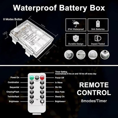 JMEXSUSS 2 Pack Battery Operated Rope Lights Outdoor Waterproof, Total 200LED 66ft 8 Mode/Remote Battery Christmas String Lights, Blue Pool Light for Trampoline Camping Balcony Garden Pool Decor