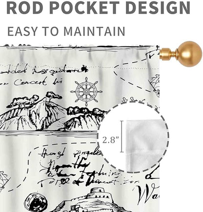 Vintage Nautical Curtains, Marine Coastal Sailboat Compass Anchor Ocean Beach Old Pirate Map Retro Window Drapery Treatments for Bedroom Living Room Kitchen Bathroom 2 Panels, 63"x72" Inch