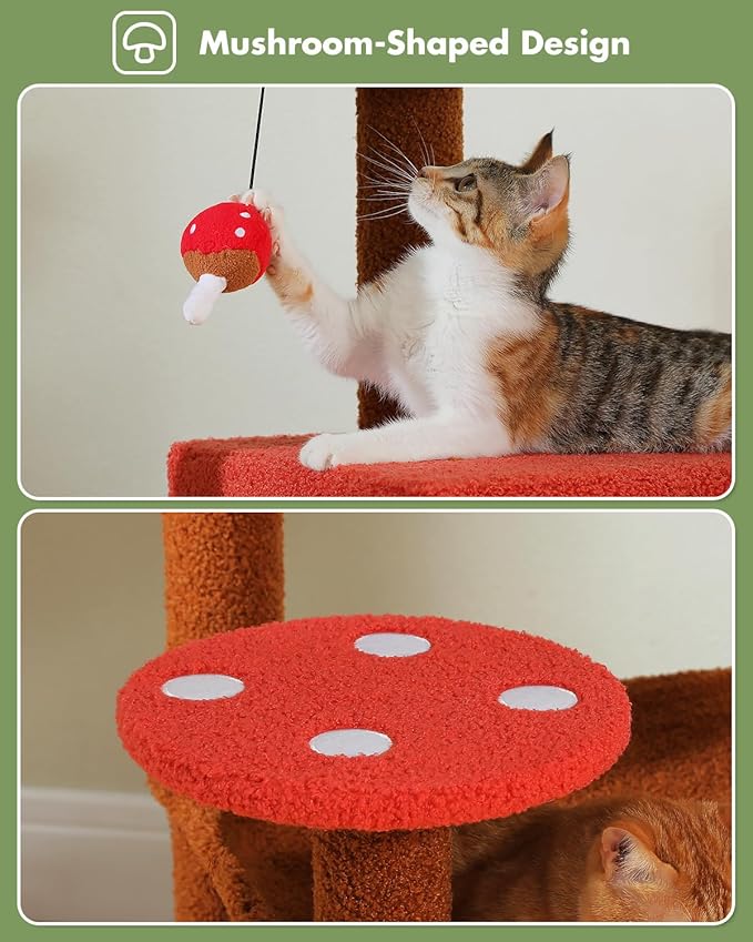 Mushroom Cat Tree Tower with Removable Scratcher, Large Hammock, Condo, Perch, 3 Sisal Posts – Multi-Level Cat Tree for Indoor Cats, Cute Cat Tower for Small Space Homes-Mewly Pet