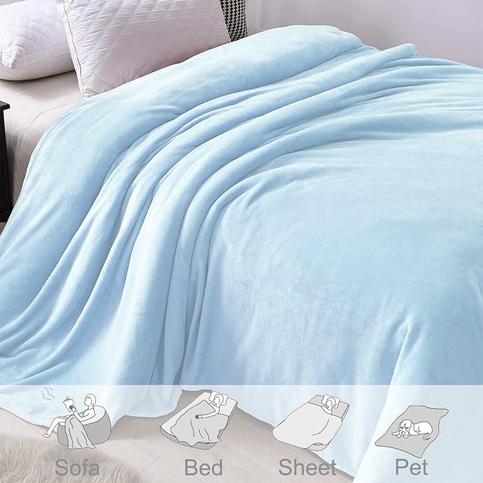 Exclusivo Mezcla Fleece Blanket Queen Size for Bed, Super Soft and Warm, All Season Use, Cozy, Plush, Lightweight, 90x90 Inches, Ice Blue