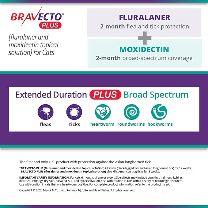 BRAVECTO PLUS Topical Solution for Cats, Flea, Tick & Heartworm, 2 Months Supply, 13.8-27.5 lbs., Purple Box-Mewly Pet