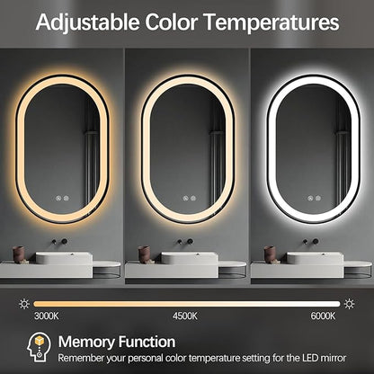 Niccy Oval LED Mirror for Bathroom, 36x24 Front Lit + Backlit Vanity Mirrors with Light Anti-Fog, Shatter-Proof, 3 Colors, Makeup Mirror with Black Frame (Horizontal/Vertical)
